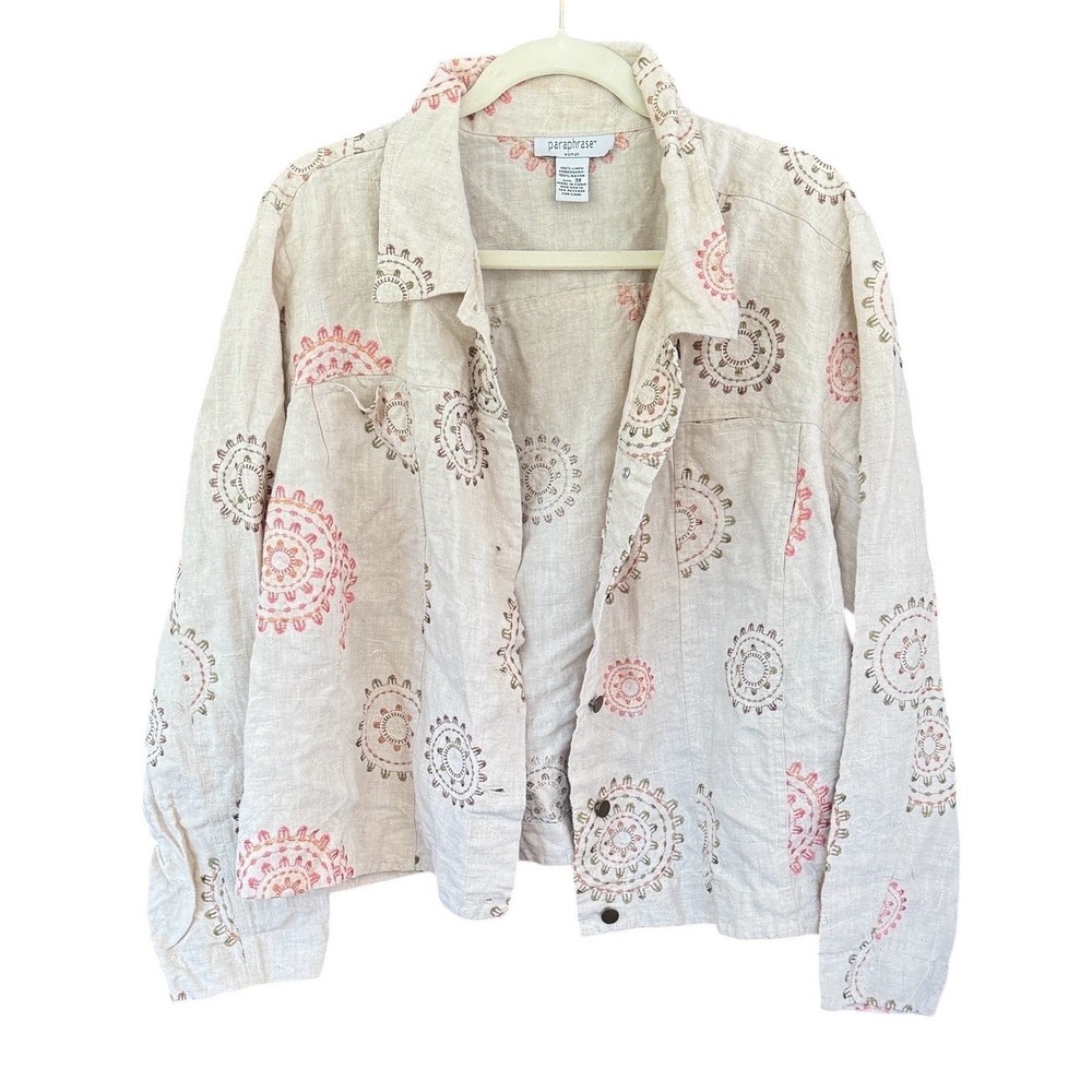 Paraphrase Woman 3X Linen Jacket Beige Pink Embroidered Sunburst Button Up Coat